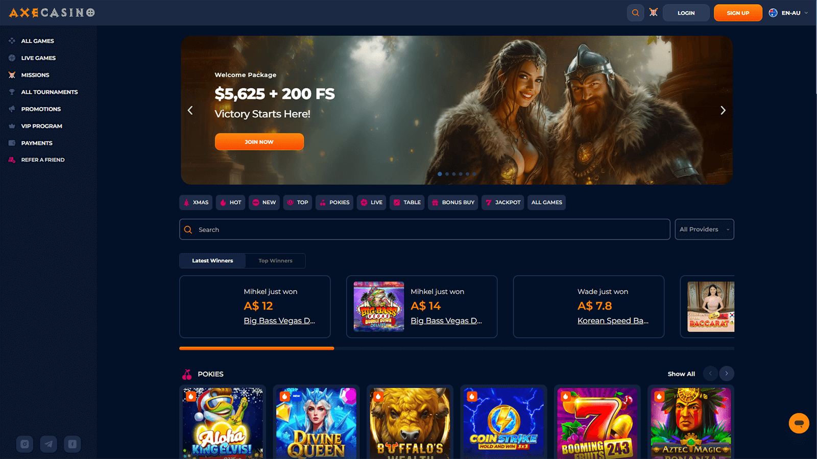 Axe Casino Homepage in Australia