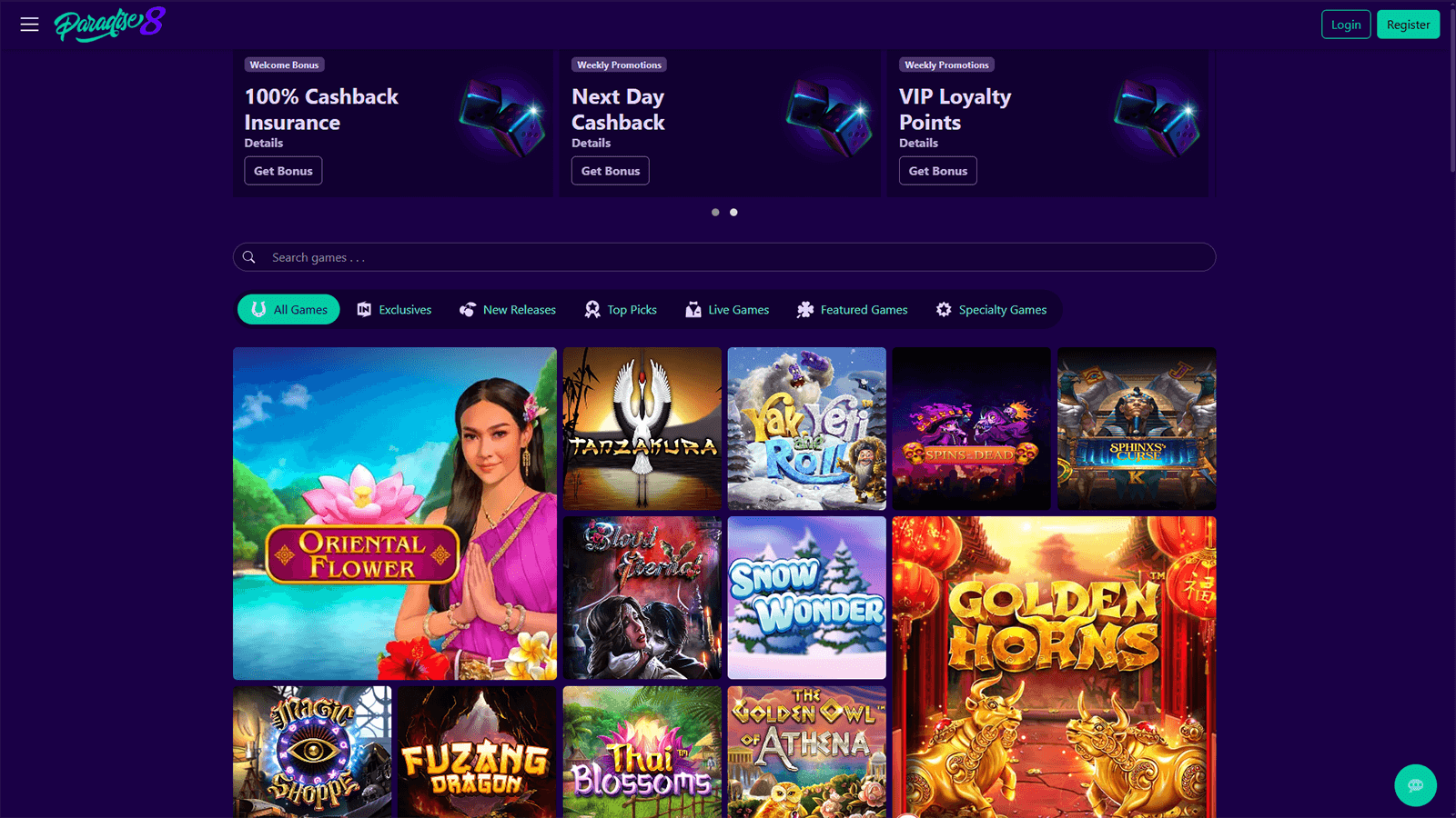 Paradise8 Casino Homepage